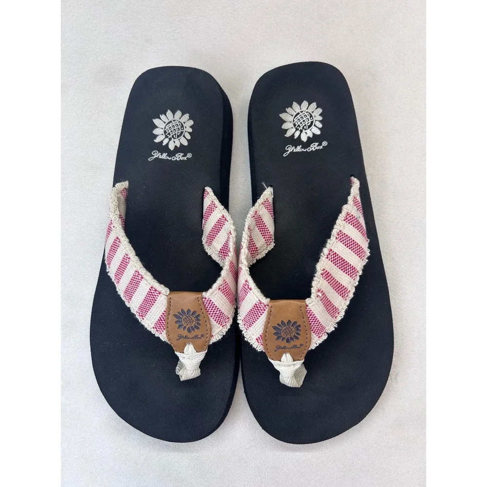 Yellow Box‎ Flip Flops Women 7.5 Black Red Striped Frayed Wedge Sandals - Picture 2 of 6
